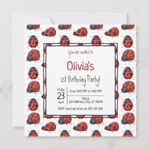 Cute Black Red Ladybug Pattern 1st Birthday Party Invitation