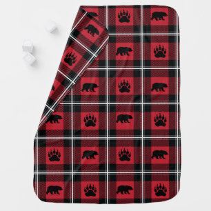 Cute Black Red & White Bear and Paw Flannel Baby Blanket