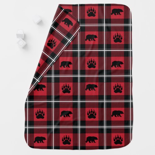 Cute Black Red  White Bear and Paw Flannel Baby Blanket