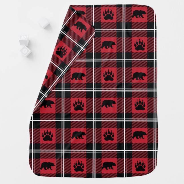 Cute Black Red & White Bear and Paw Flannel Baby Blanket (In Situ)