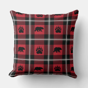 Cute Black Red & White Bear and Paw Flannel Throw Pillow