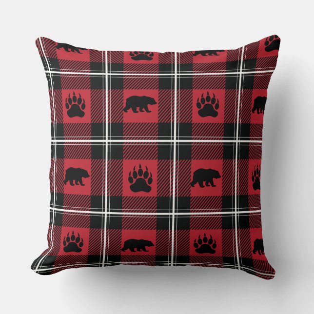 Cute Black Red & White Bear and Paw Flannel Throw Pillow (Front)