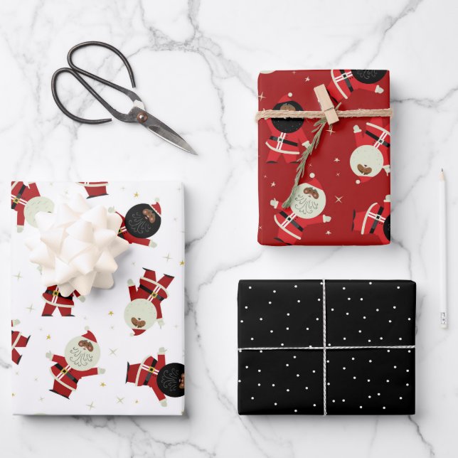 Cute Black Santa Party Pattern Collection Wrapping Paper Sheets (Front)