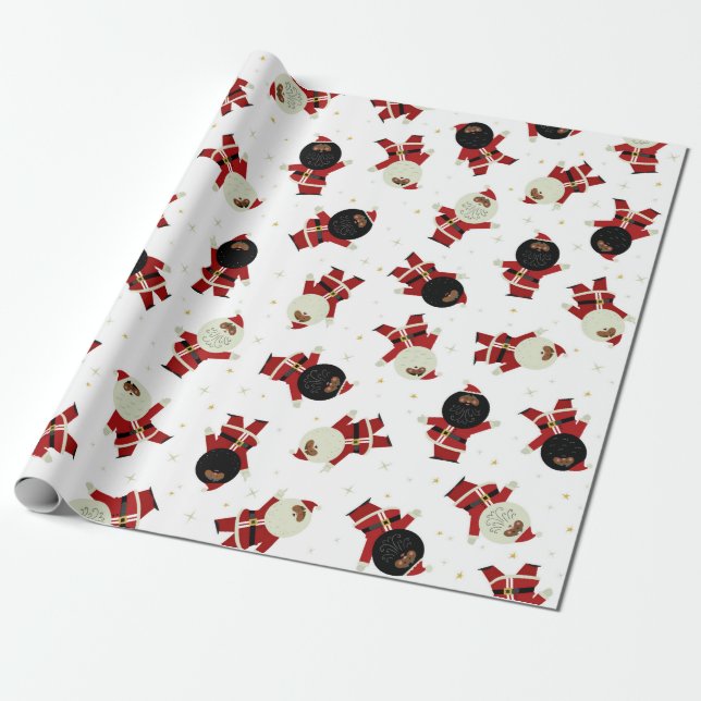 Cute Black Santa Party Pattern on White Background Wrapping Paper (Unrolled)