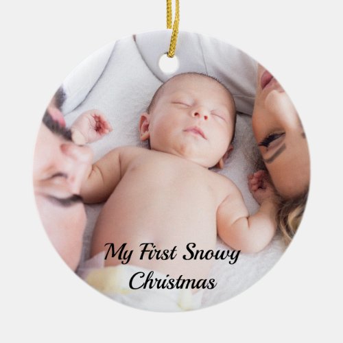 Cute Black Script My First Snowy Christmas Baby Ceramic Ornament