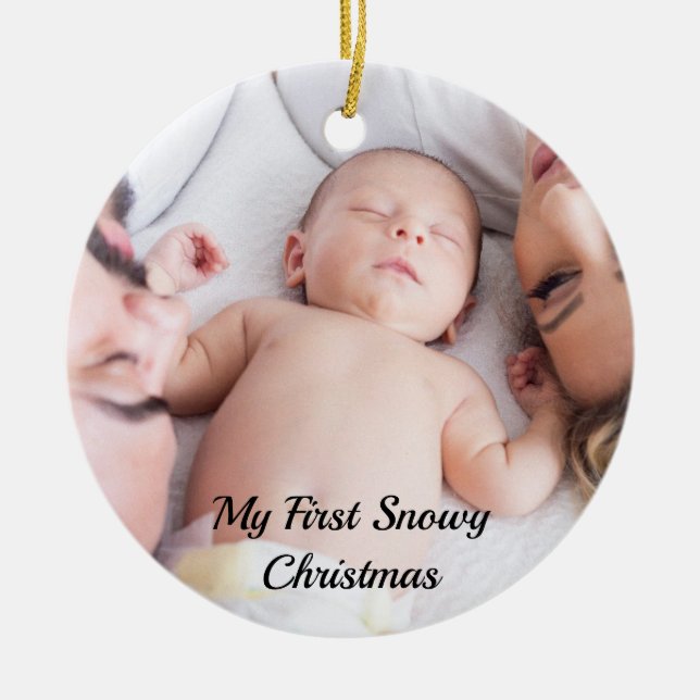 Cute Black Script My First Snowy Christmas Baby Ceramic Ornament (Front)