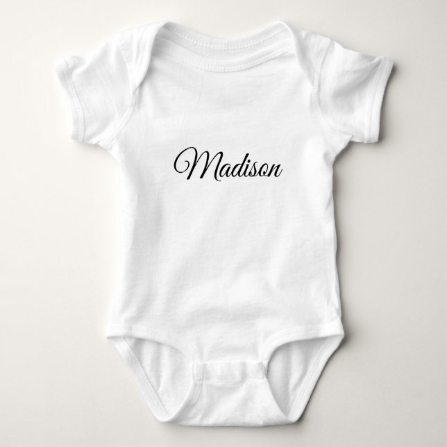 Cute black script name text classic elegant chic baby bodysuit (Front)