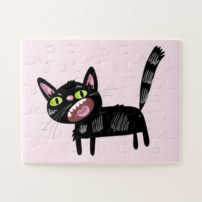 Cute Black Scruffy Cartoon Kitten Cat Jigsaw Puzzle (Horizontal)