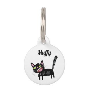 Cute Black Scruffy Cartoon Kitten Cat Pet ID Tag