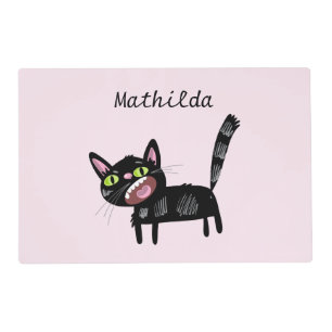 Cute Black Scruffy Cartoon Kitten Cat Placemat
