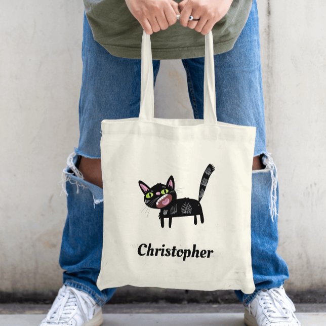 Cute Black Scruffy Cartoon Kitten Cat Tote Bag (Creator Uploaded)