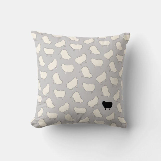 Cute Black Sheep Pattern in Cream on Gray Throw Pillow (Front)