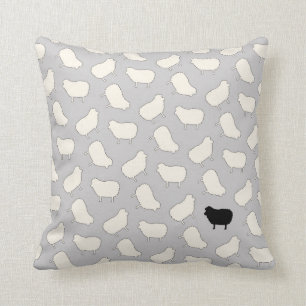 Cute Black Sheep Pattern in Cream on Gray Throw Pillow