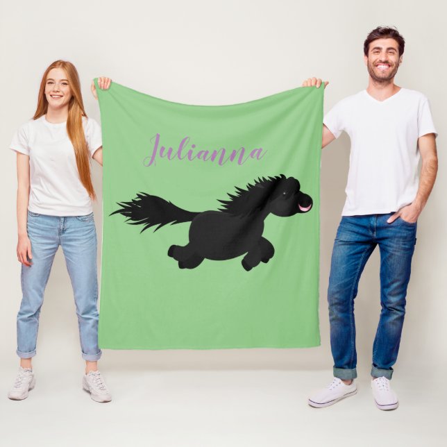 Cute black shetland pony cartoon illustration fleece blanket (In Situ)