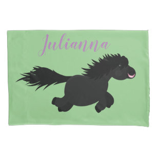 Cute black shetland pony cartoon illustration pillow case