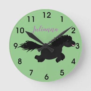Cute black shetland pony cartoon illustration round clock