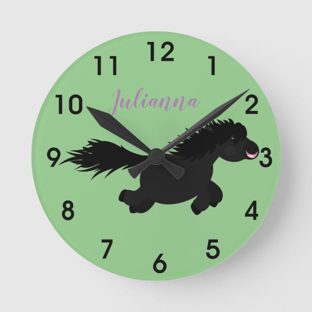 Cute black shetland pony cartoon illustration round clock (Front)