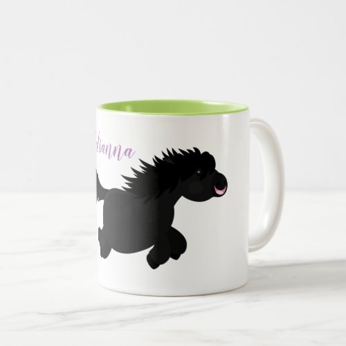 Cute black shetland pony cartoon illustration Two_Tone coffee mug