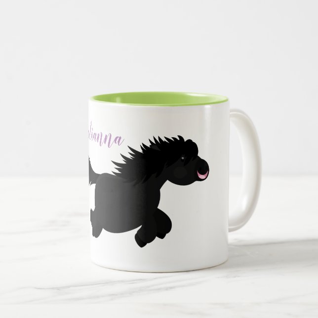 Cute black shetland pony cartoon illustration Two-Tone coffee mug (Front Right)