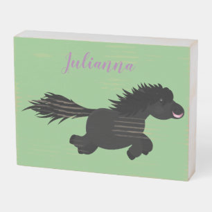 Cute black shetland pony cartoon illustration wooden box sign