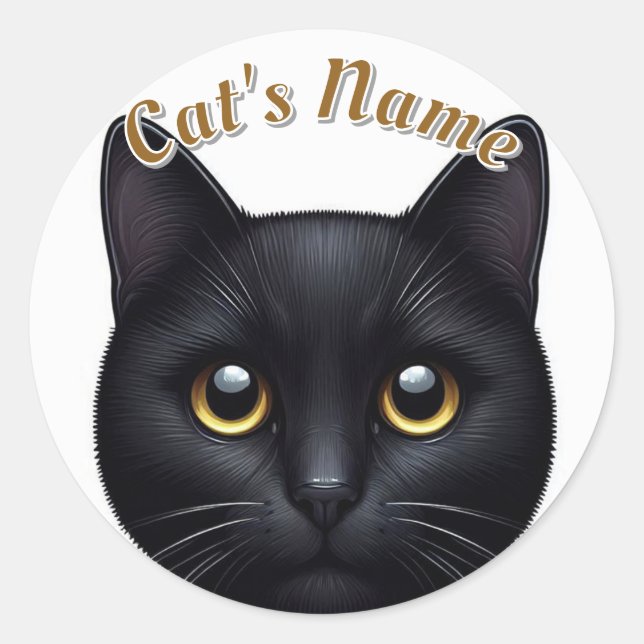 Cute Black Shorthaired Cat • Personalized Classic Round Sticker (Front)