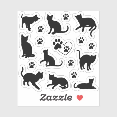 Cute Black Silhouette Cat and Paw Print Set Sticker