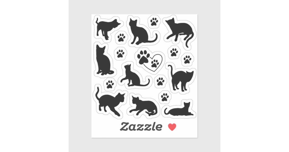 Cute Black Silhouette Cat And Paw Print Set Sticker Zazzle Com