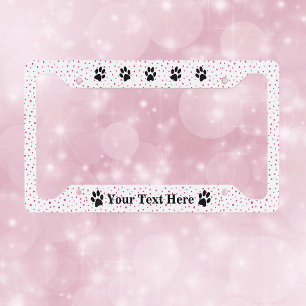 Cute Black Silhouette Cat Paw Prints Pink Dots License Plate Frame