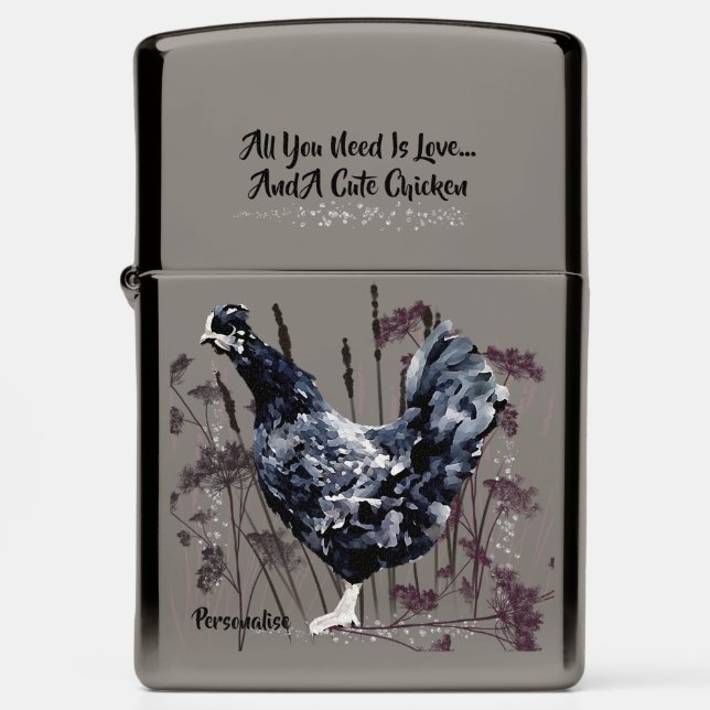 Cute Black Silkie Chicken Love Quote Pink Zippo Lighter (Front)