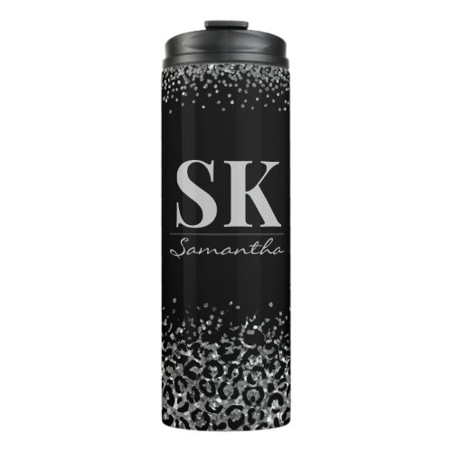 Cute black silver Animal print glitter monogram Thermal Tumbler