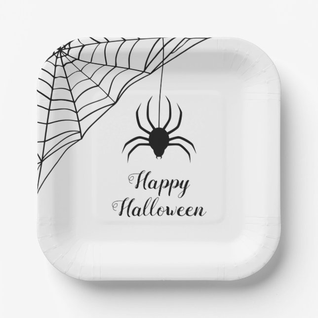 Cute Black Spider Happy Halloween Paper Plates (Front)