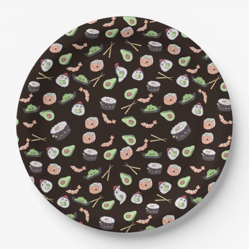 Cute black Sushi pattern Paper Plates