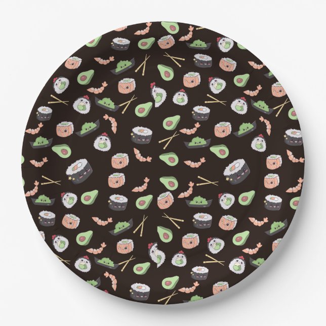 Cute black Sushi pattern Paper Plates (Front)