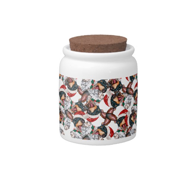 Cute Black Tan Dachshund Puppy Christmas Pattern Candy Jar (Front)