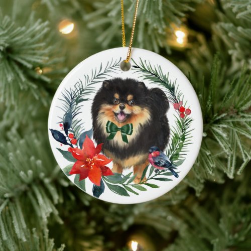 Cute Black Tan Pomeranian Watercolor Poinsettia Ceramic Ornament