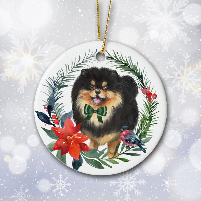 Cute Black Tan Pomeranian Watercolor Poinsettia Ceramic Ornament (Creator Uploaded)
