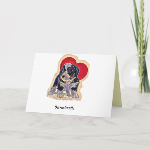 Cute Black Tan PopArt Bernedoodle Digital Heart Card