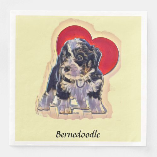 Cute Black Tan PopArt Bernedoodle Digital Heart Paper Dinner Napkins