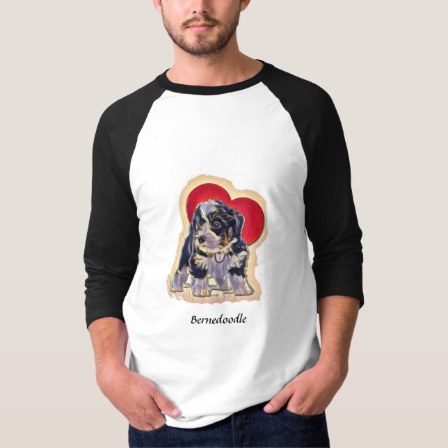 Cute Black Tan PopArt Bernedoodle Digital Heart T-Shirt (Front)