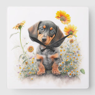 CUTE BLACK & TAN SHORT HAIRED DACHSHUND DOG SQUARE WALL CLOCK