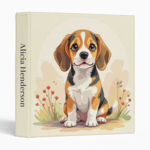 Cute Black Tan & White Tricolor Beagle Puppy 3 Ring Binder