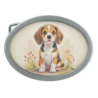 Cute Black Tan & White Tricolor Beagle Puppy Belt Buckle