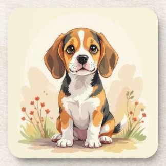 Cute Black Tan & White Tricolor Beagle Puppy Beverage Coaster