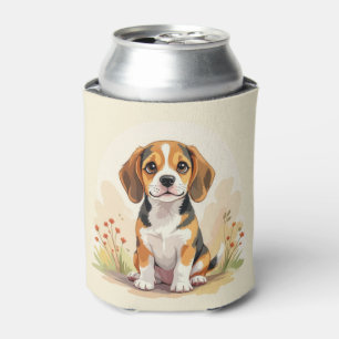 Cute Black Tan & White Tricolor Beagle Puppy Can Cooler