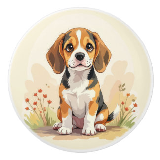 Cute Black Tan & White Tricolor Beagle Puppy Ceramic Knob