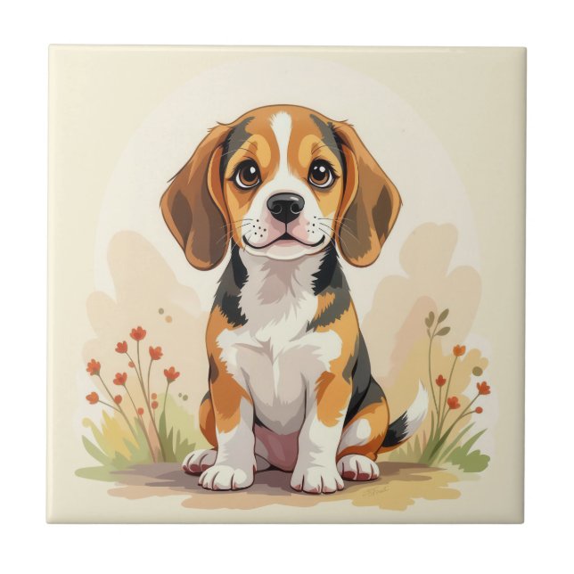 Cute Black Tan & White Tricolor Beagle Puppy Ceramic Tile (Front)