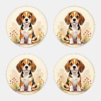 Cute Black Tan & White Tricolor Beagle Puppy Coaster Set