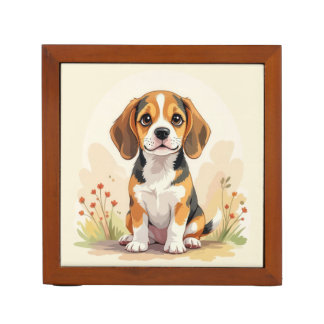 Cute Black Tan & White Tricolor Beagle Puppy Desk Organizer