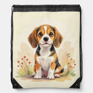 Cute Black Tan & White Tricolor Beagle Puppy Drawstring Bag