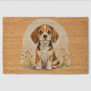 Cute Black Tan & White Tricolor Beagle Puppy Fiber Doormat